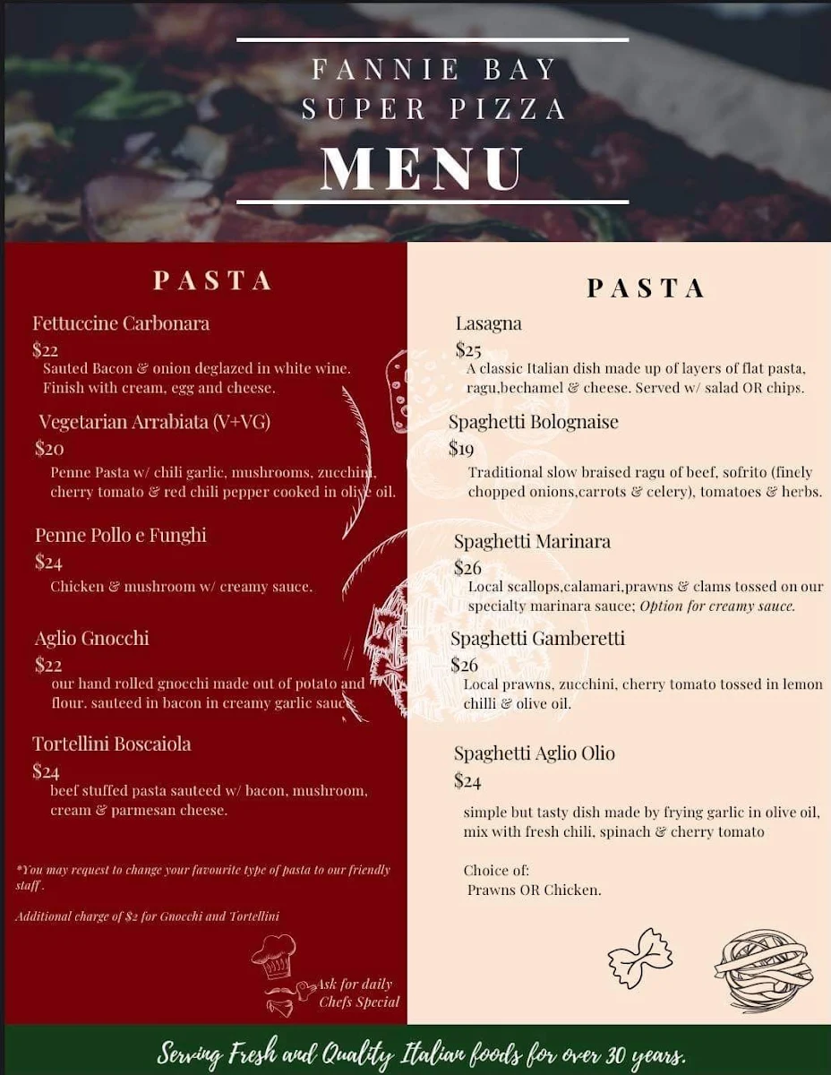 Menu, Fannie Bay Super Pizza Italian Restaurant