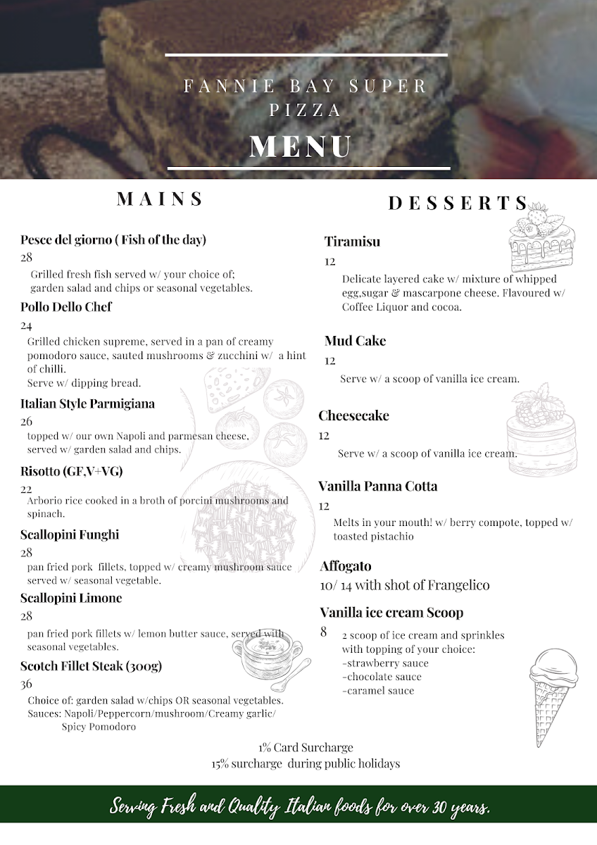 Menu, Fannie Bay Super Pizza Italian Restaurant