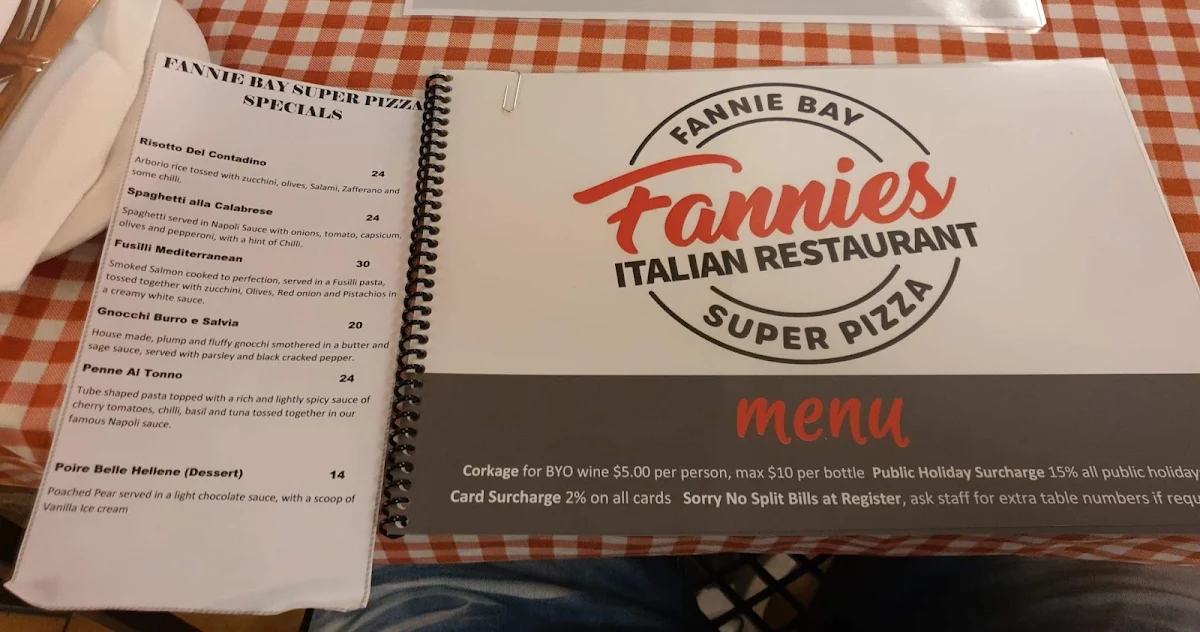 Menu, Fannie Bay Super Pizza Italian Restaurant