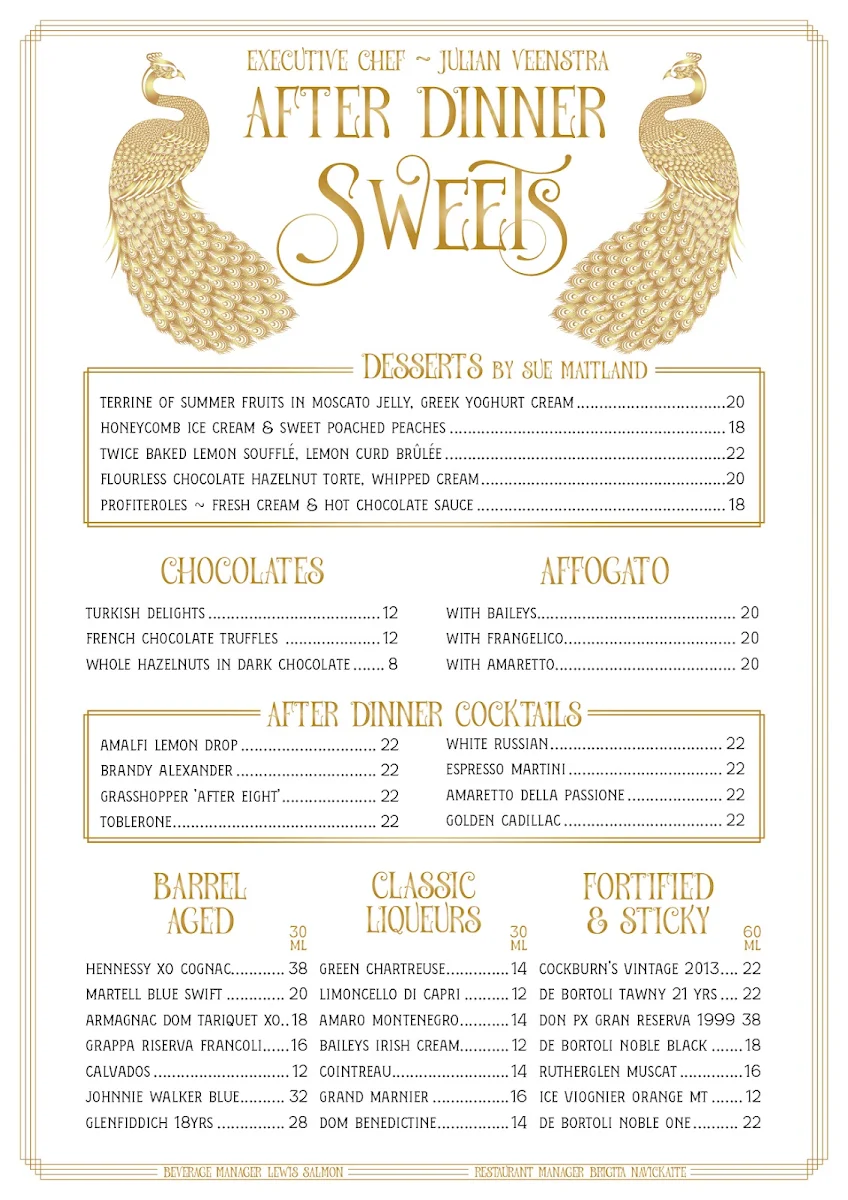 Menu, The Peacock Room & Bela Vista Bar