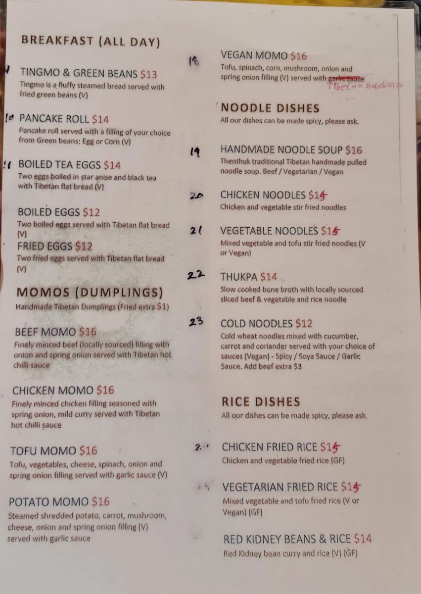 Menu, Tibet Kitchen