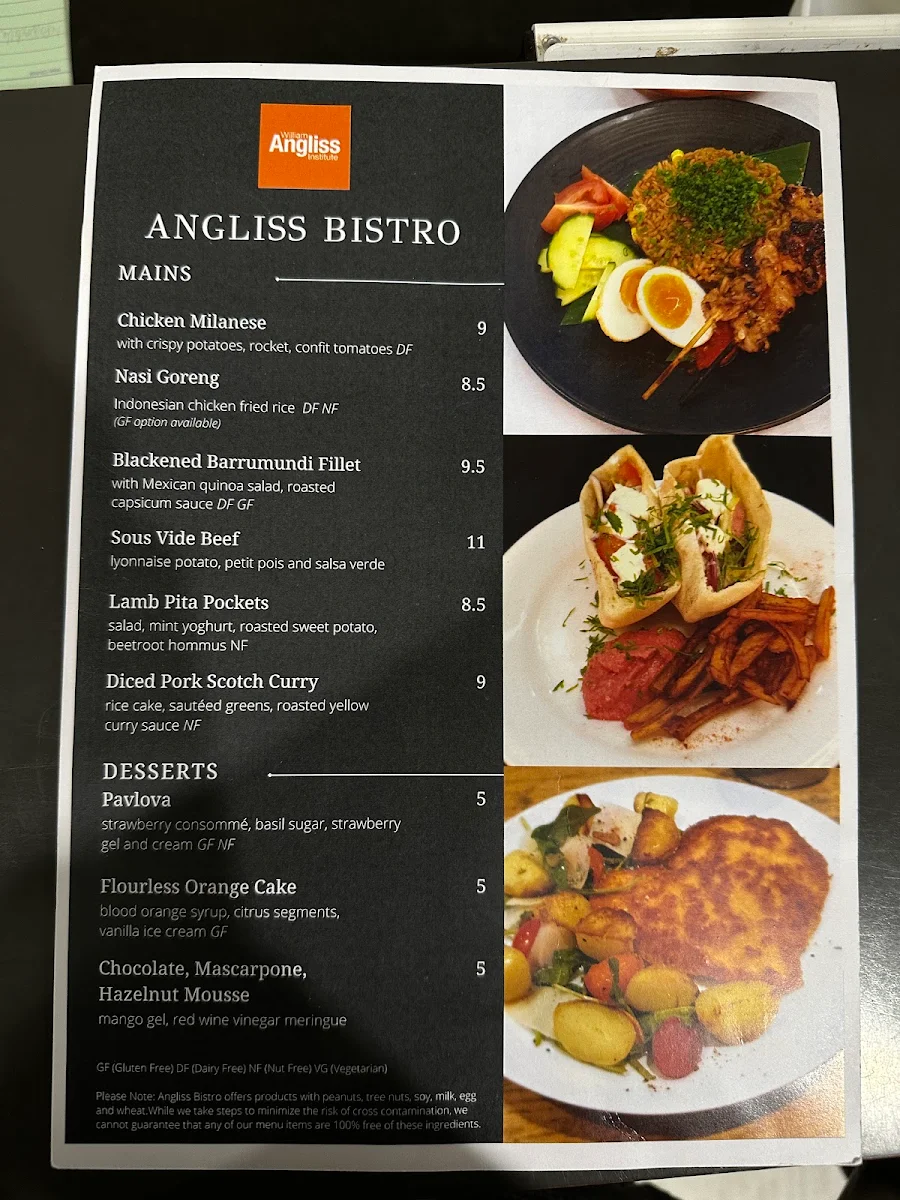 Menu, Angliss Bistro