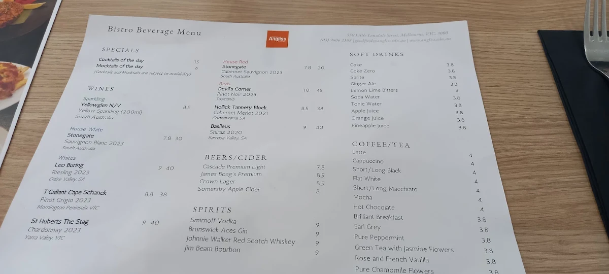 Menu, Angliss Bistro