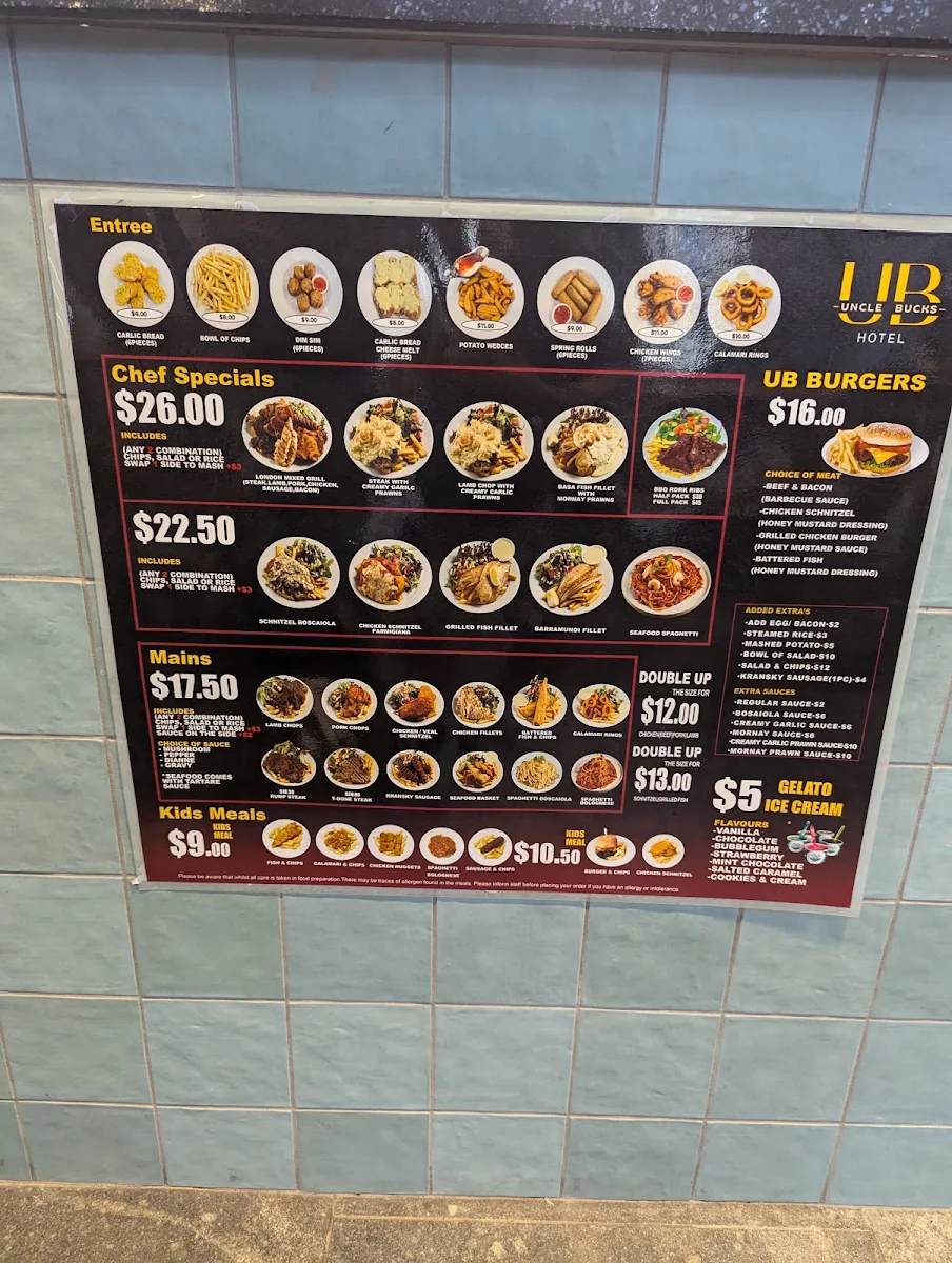 Menu, Uncle Buck's Hotel