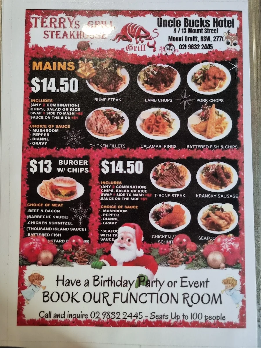 Menu, Uncle Buck's Hotel
