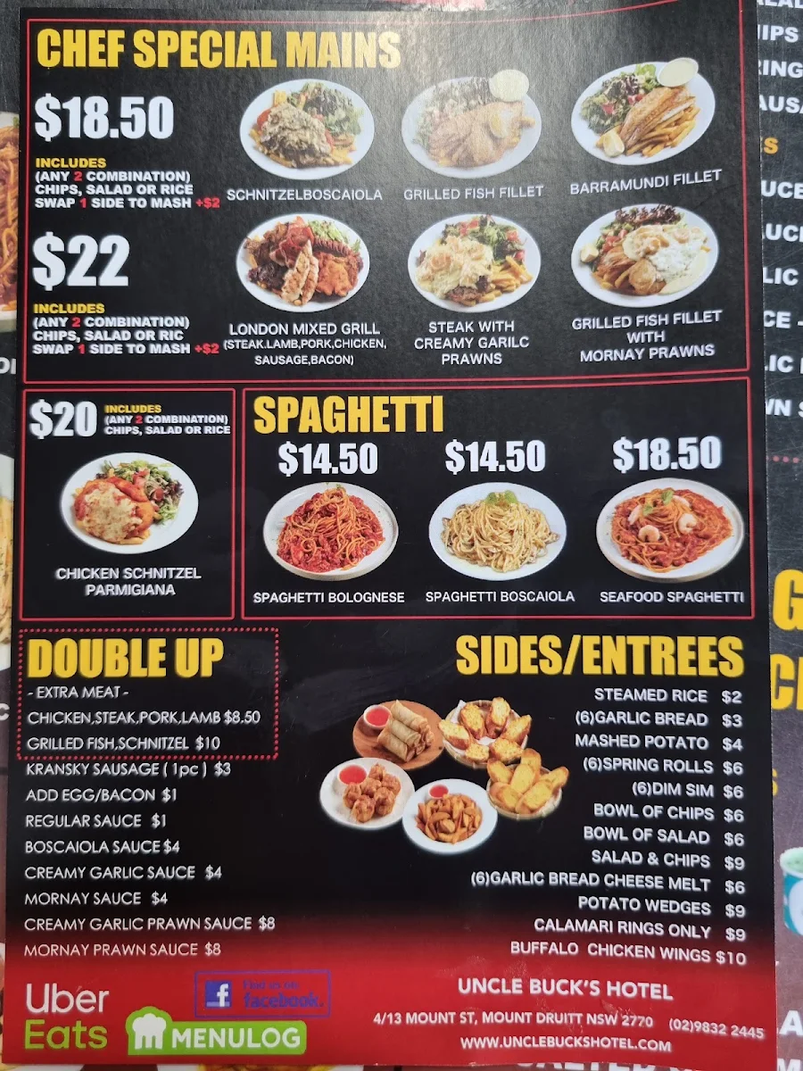 Menu, Uncle Buck's Hotel