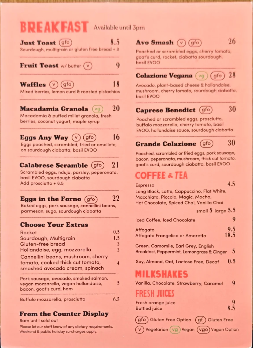 Menu, Roccella Italian Restaurant Bundoora