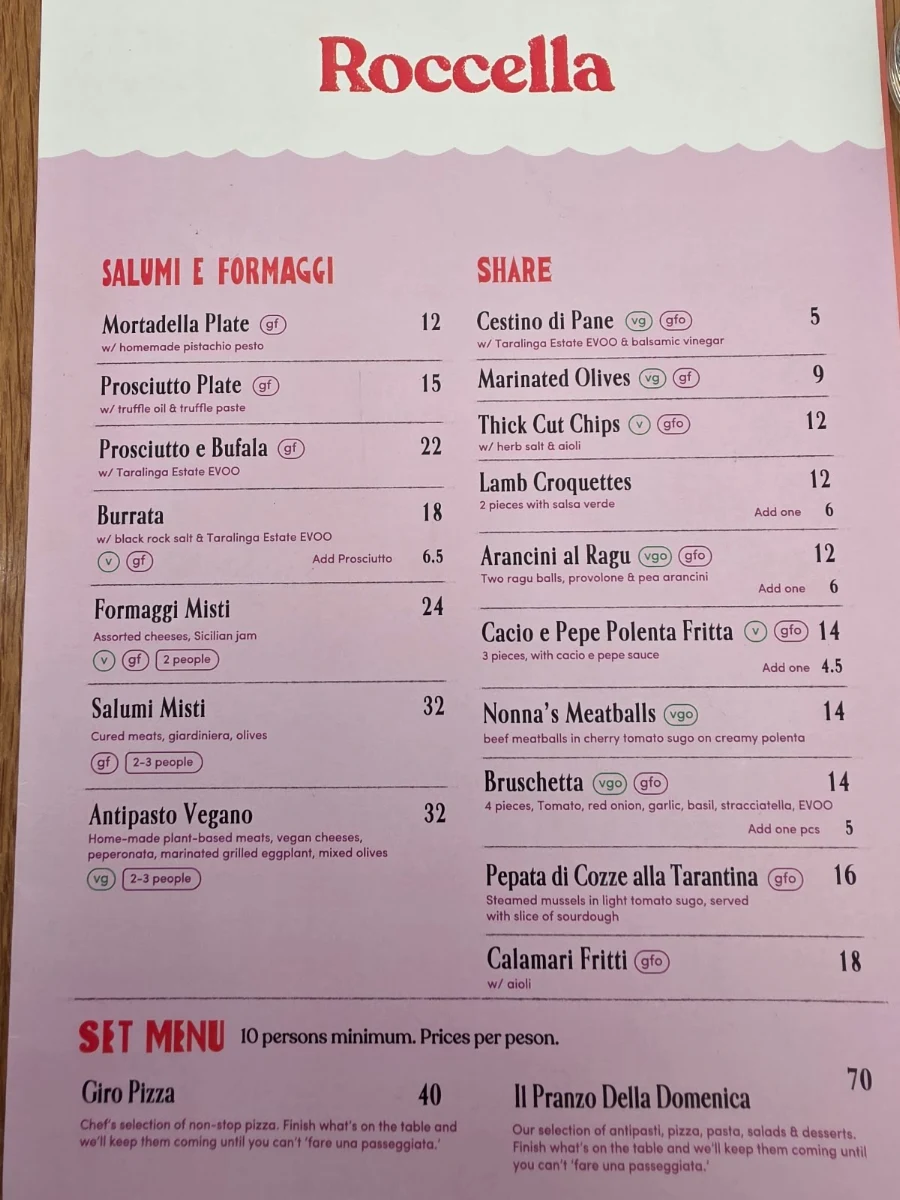 Menu, Roccella Italian Restaurant Bundoora