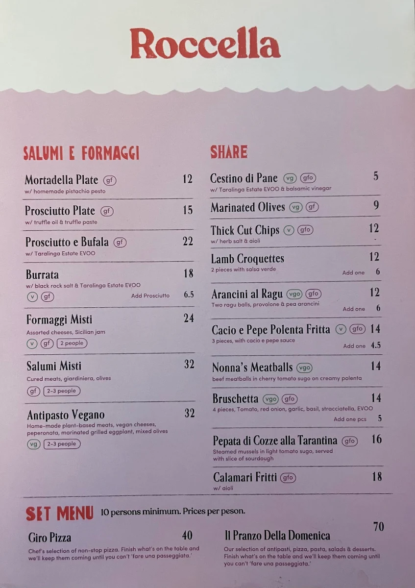 Menu, Roccella Italian Restaurant Bundoora