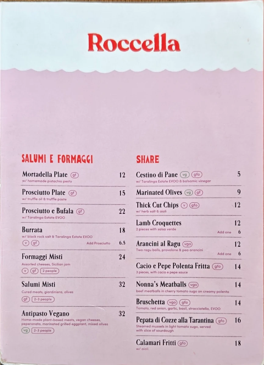 Menu, Roccella Italian Restaurant Bundoora