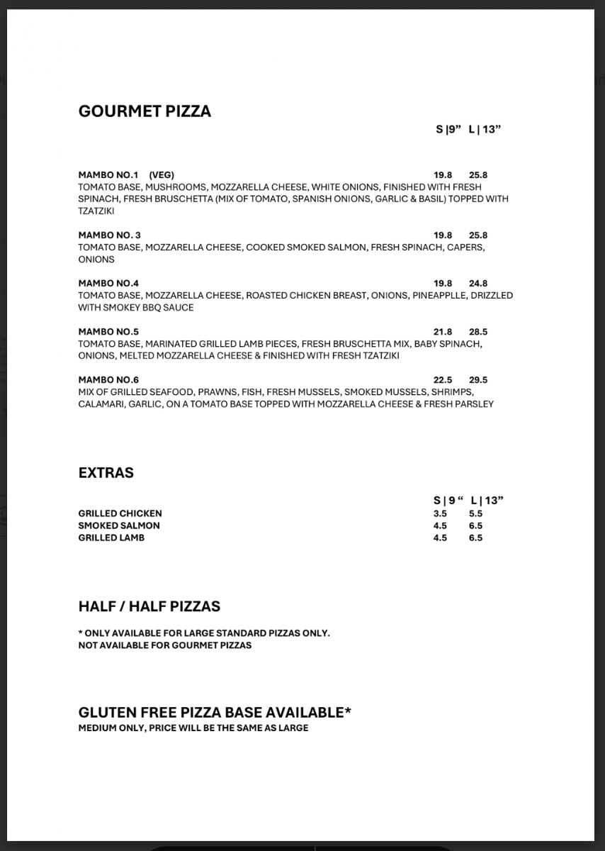 Menu, Cafe Mambo Bar and Lounge