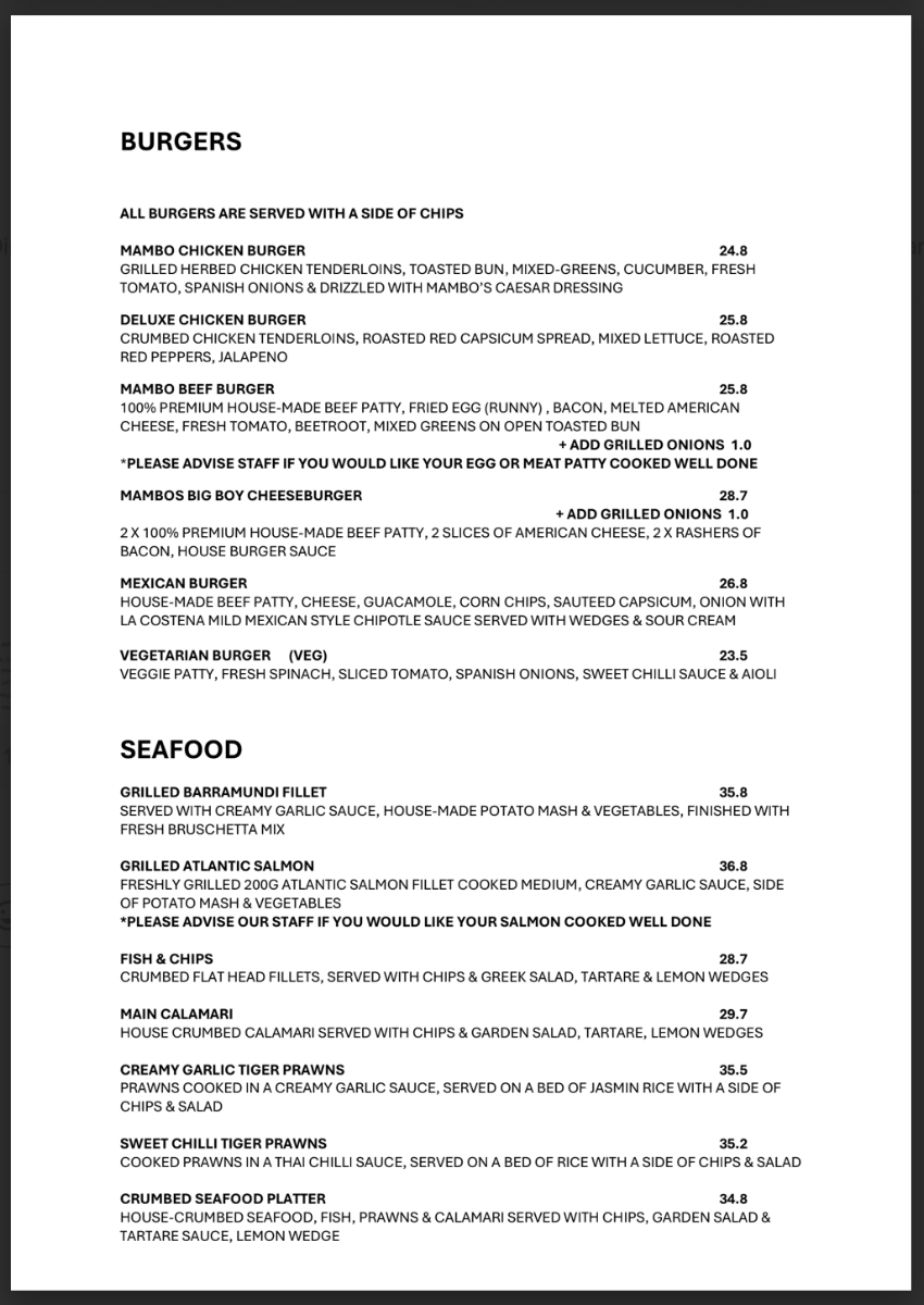 Menu, Cafe Mambo Bar and Lounge