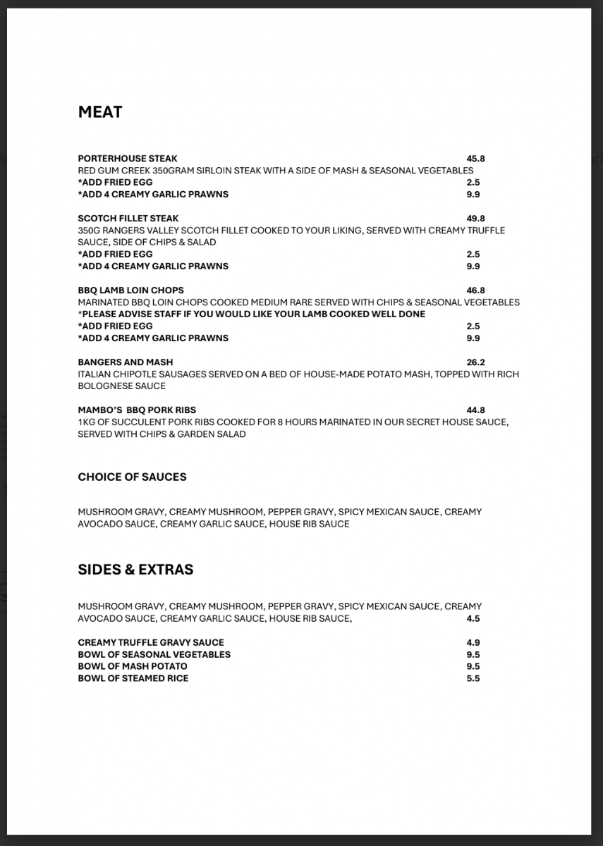 Menu, Cafe Mambo Bar and Lounge