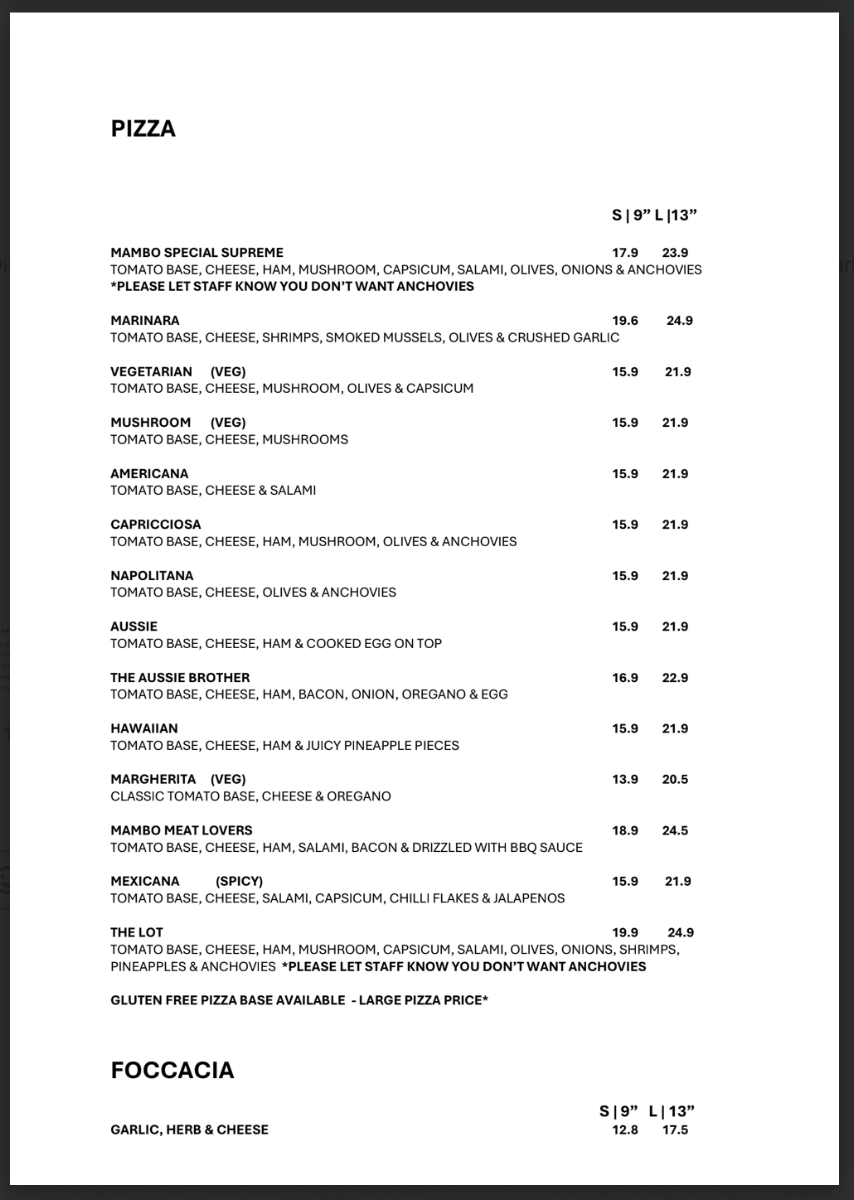 Menu, Cafe Mambo Bar and Lounge