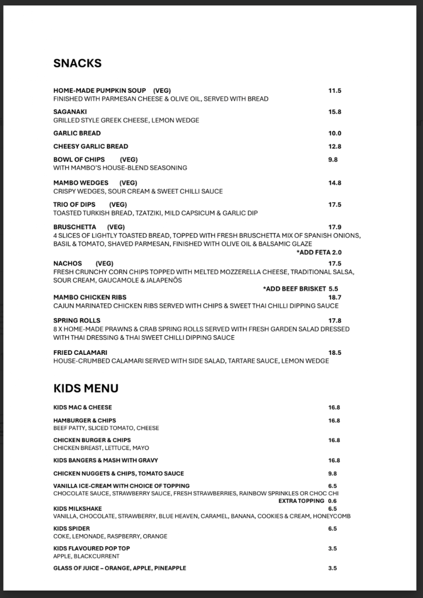 Menu, Cafe Mambo Bar and Lounge