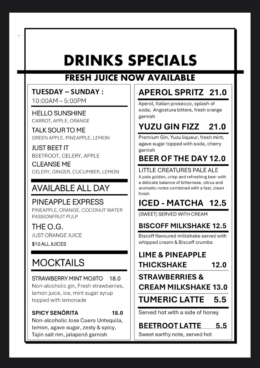 Menu, Cafe Mambo Bar and Lounge