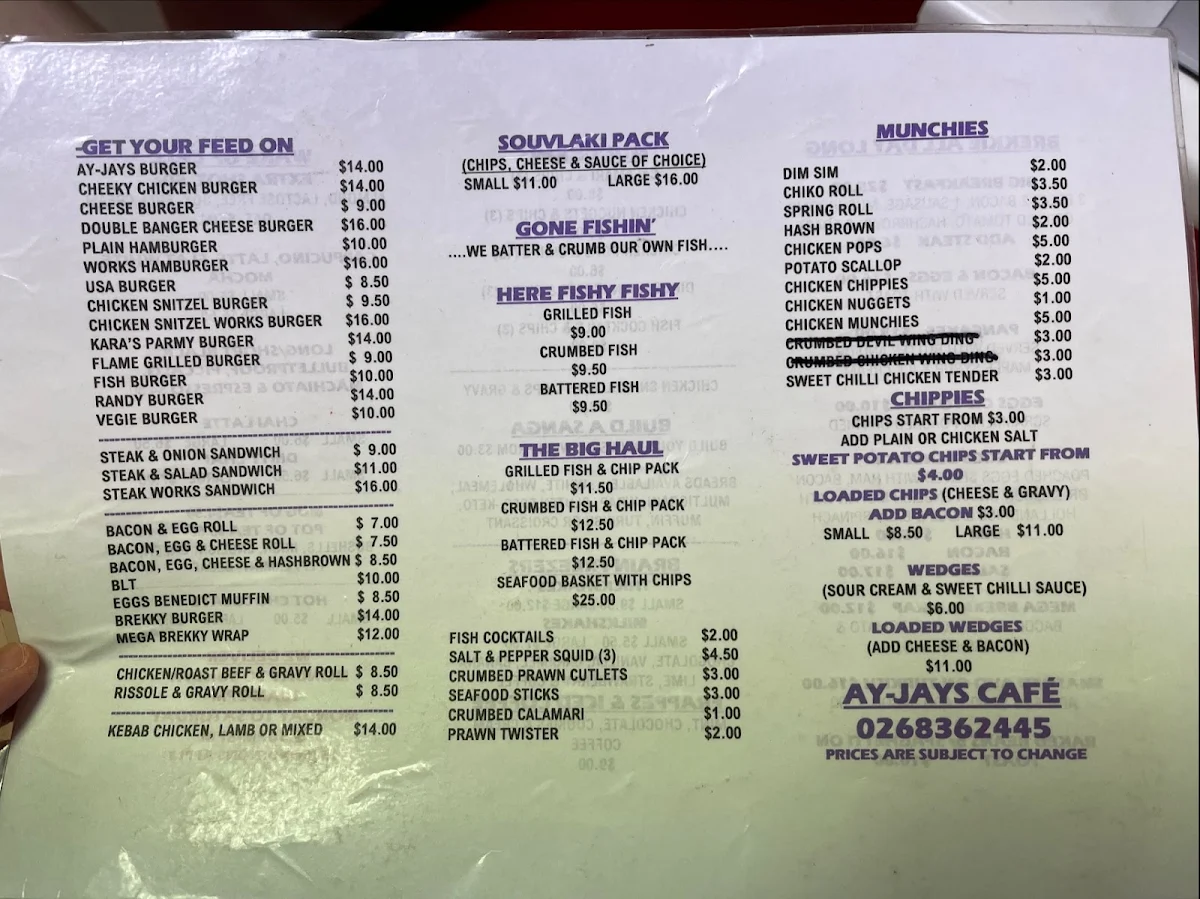 Menu, Ay-Jays Cafe
