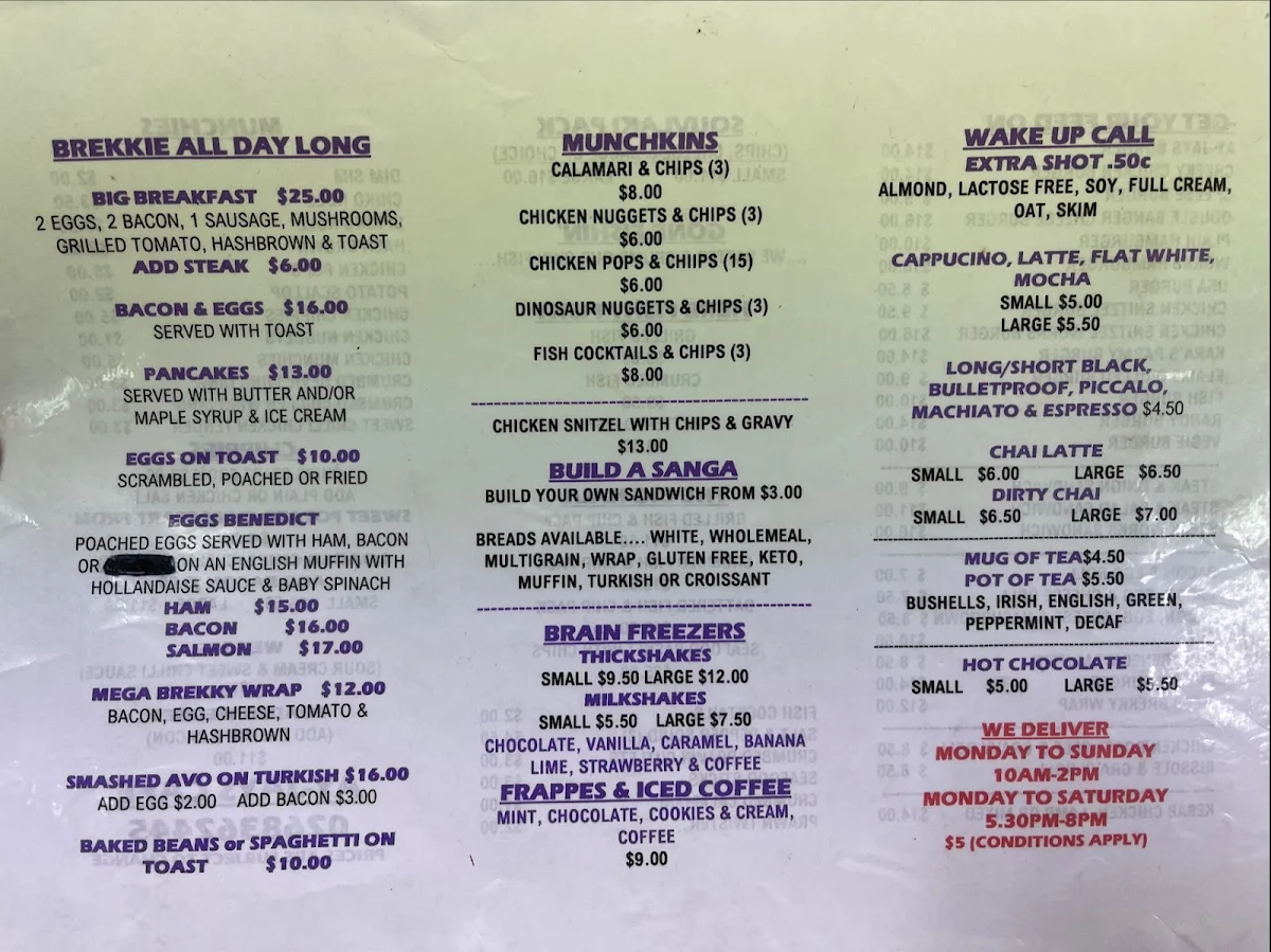 Menu, Ay-Jays Cafe