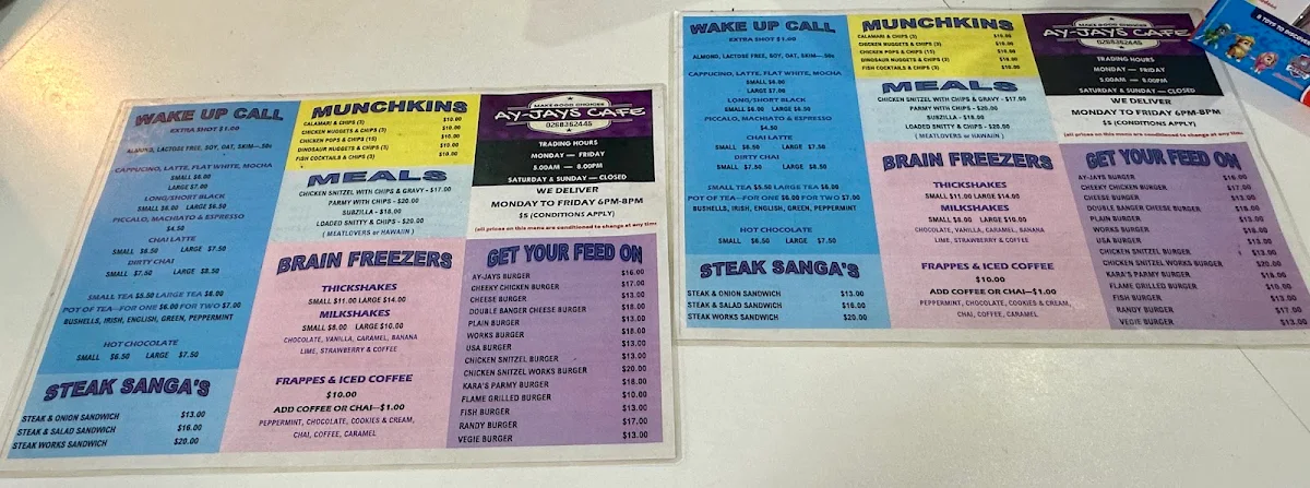 Menu, Ay-Jays Cafe