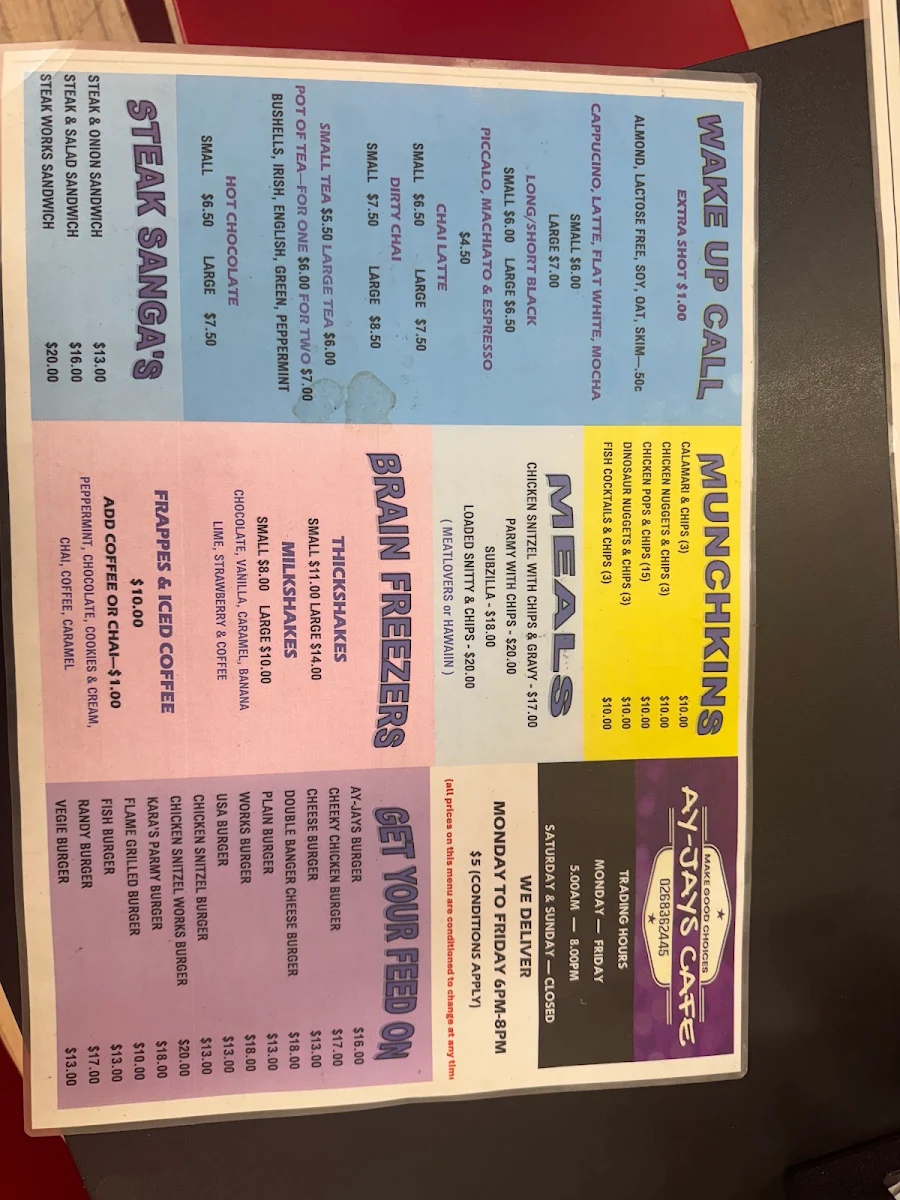Menu, Ay-Jays Cafe