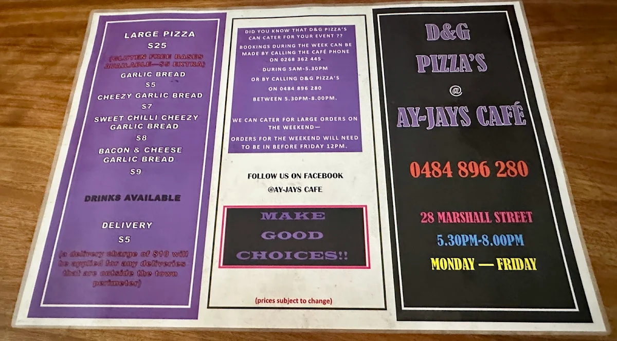 Menu, Ay-Jays Cafe
