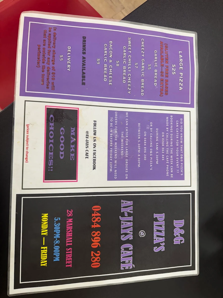 Menu, Ay-Jays Cafe
