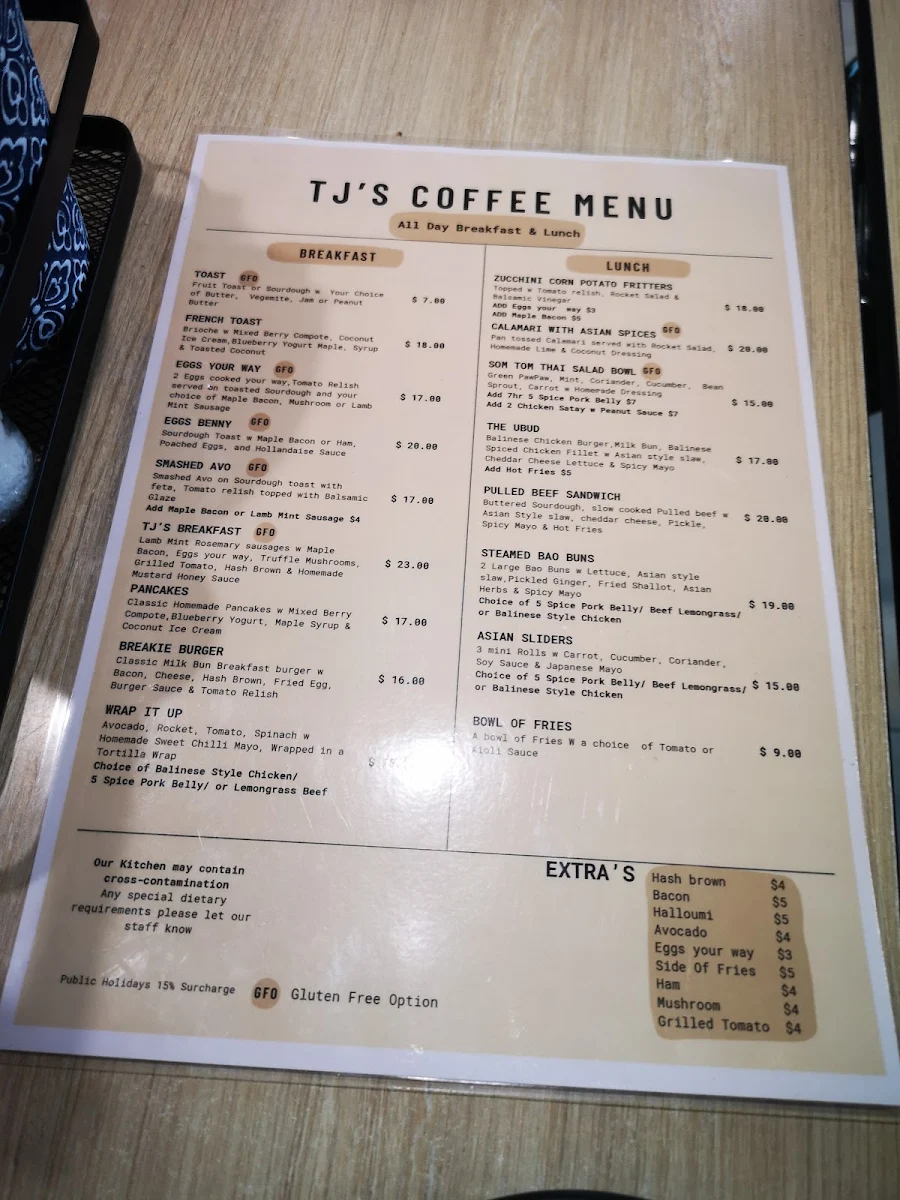 Menu, TJ's Coffee