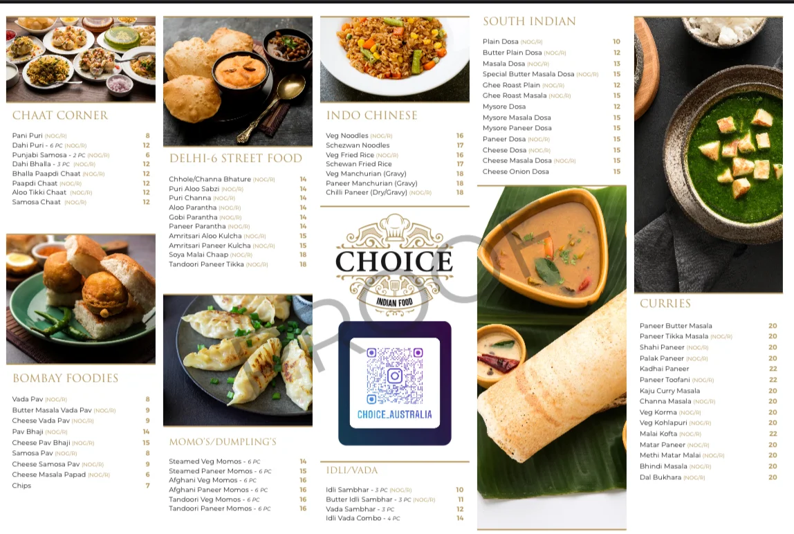 Menu, Choice Indian Food (Pure Vegetarian)