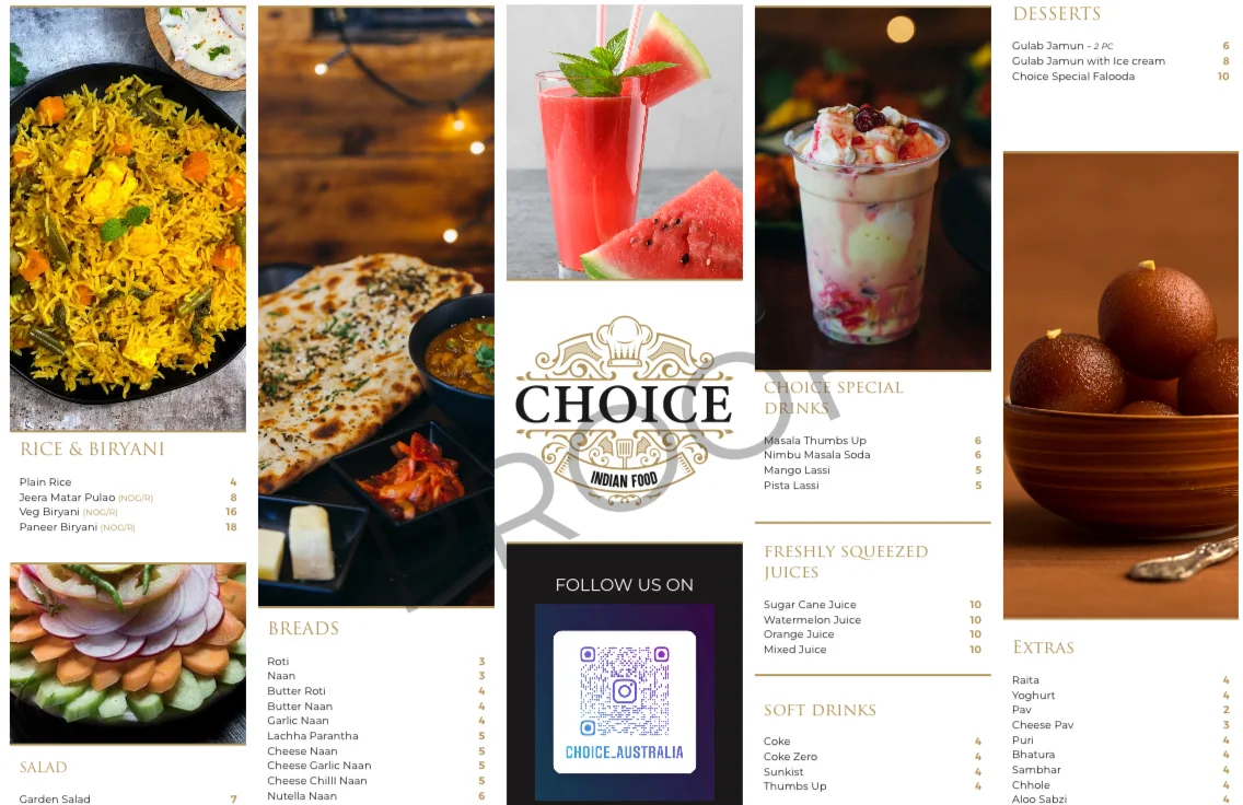 Menu, Choice Indian Food (Pure Vegetarian)