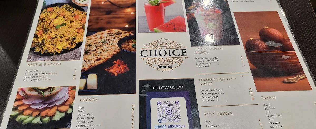 Menu, Choice Indian Food (Pure Vegetarian)
