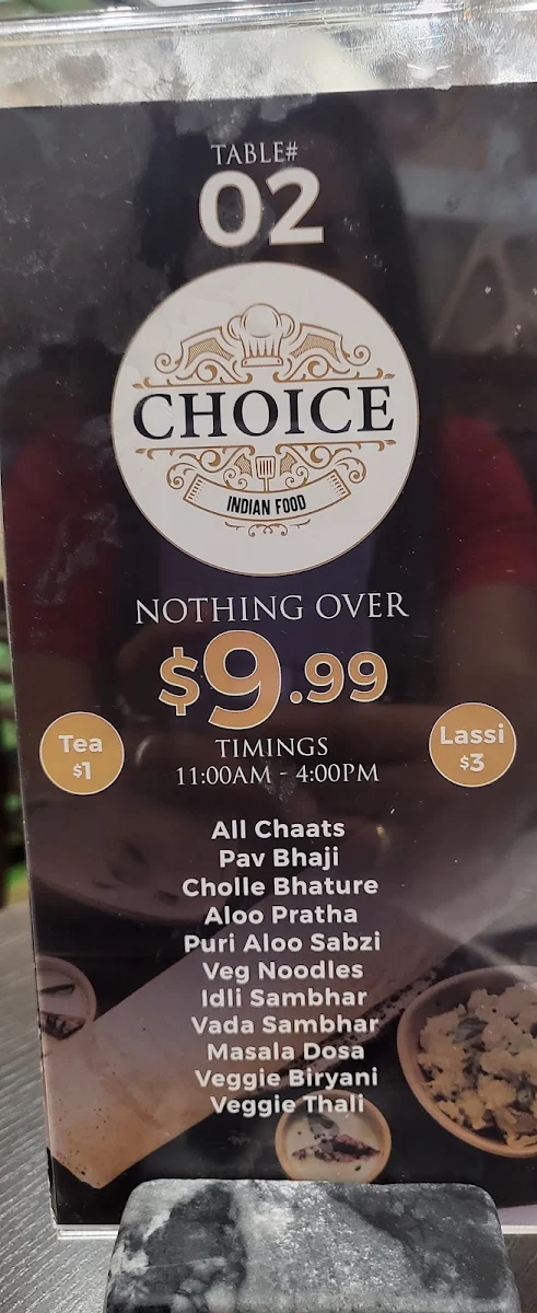 Menu, Choice Indian Food (Pure Vegetarian)