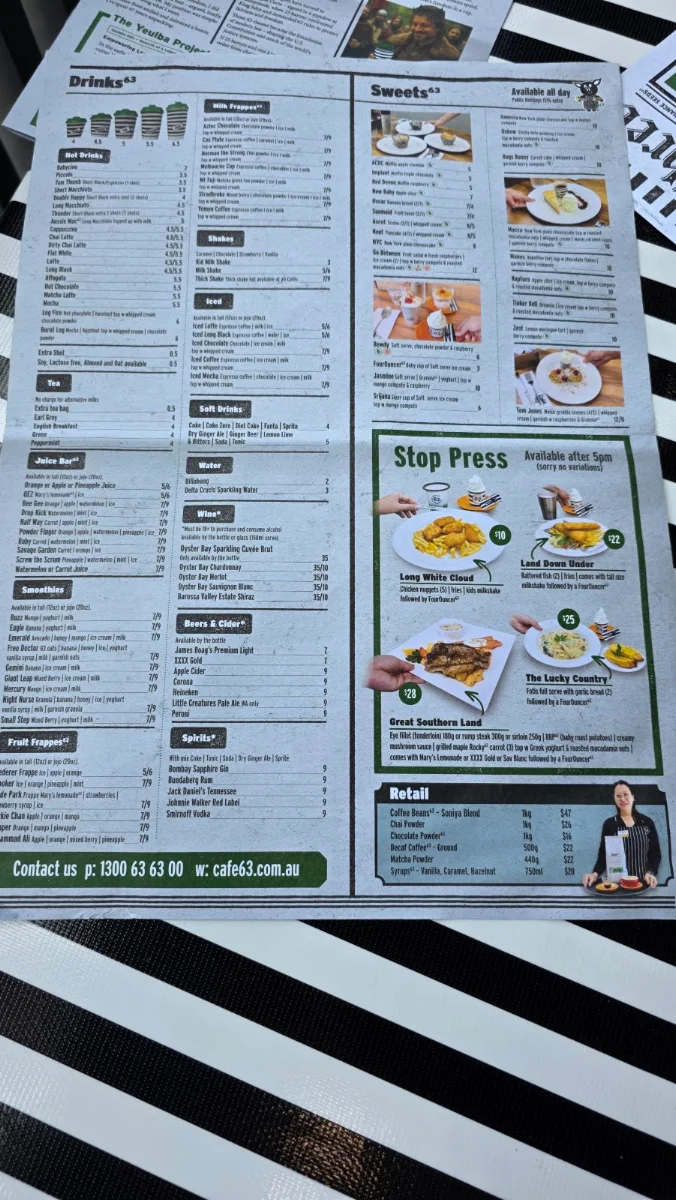 Menu, Cafe 63 Bundamba