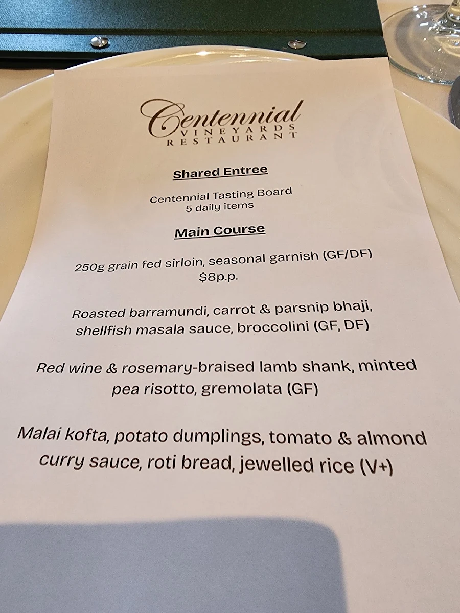 Menu, Centennial Vineyards Restaurant