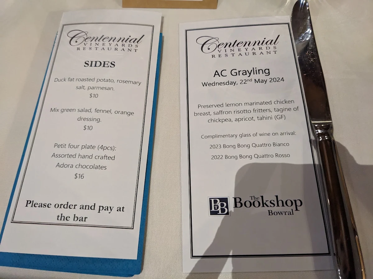 Menu, Centennial Vineyards Restaurant