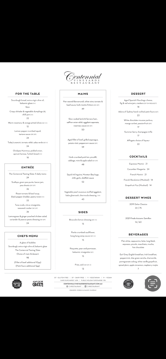Menu, Centennial Vineyards Restaurant