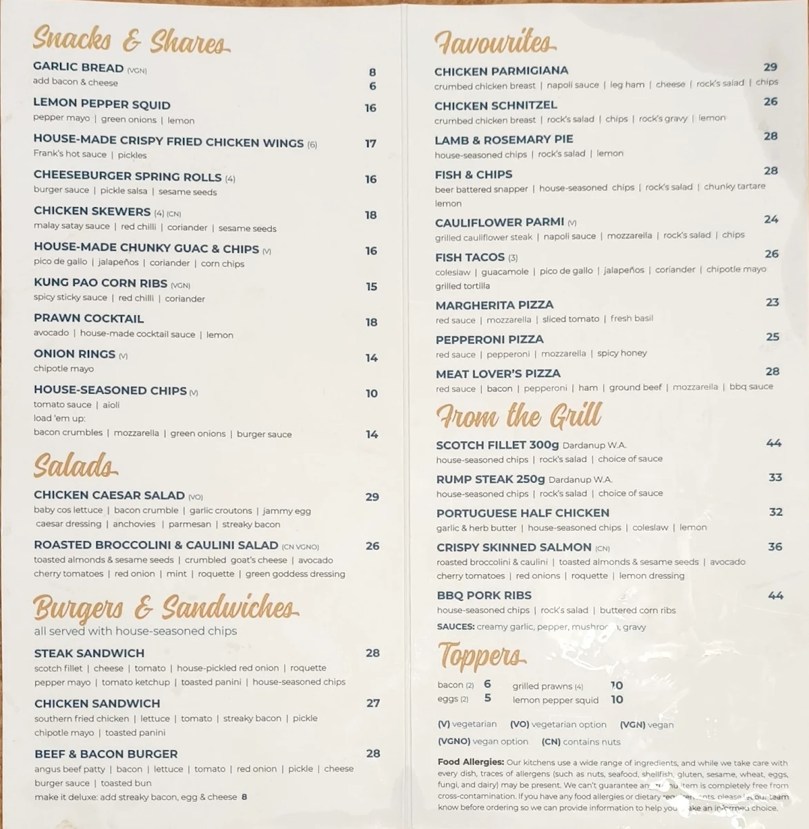 Menu, Tavern At The Rocks