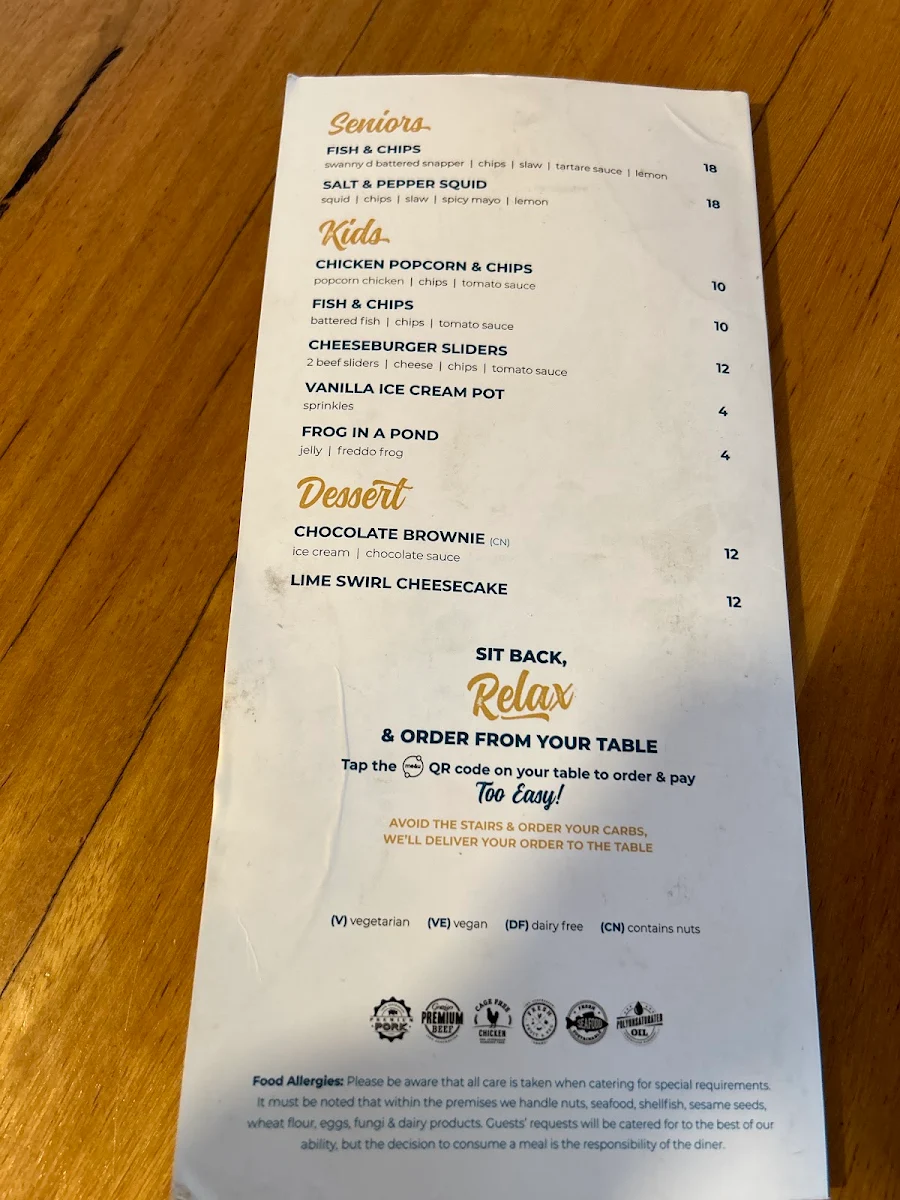 Menu, Tavern At The Rocks