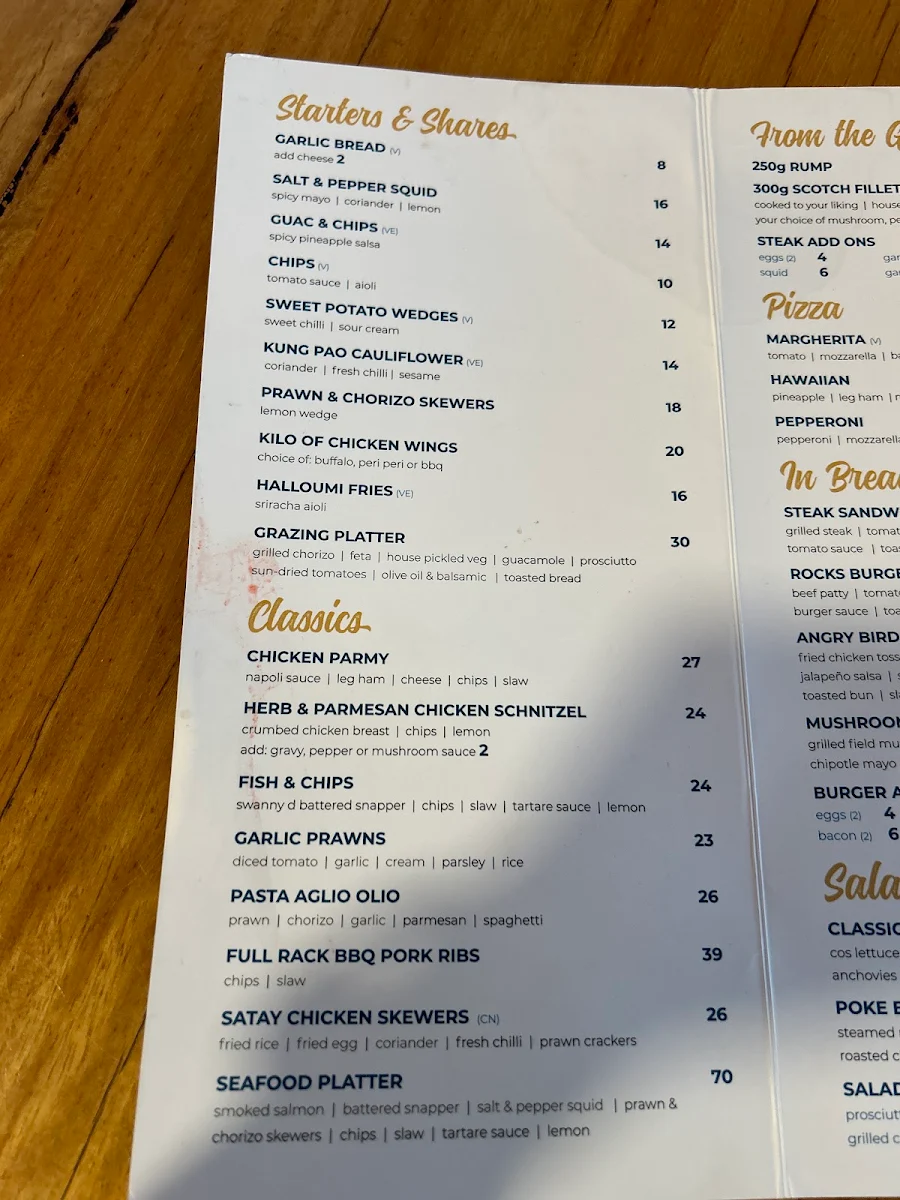 Menu, Tavern At The Rocks