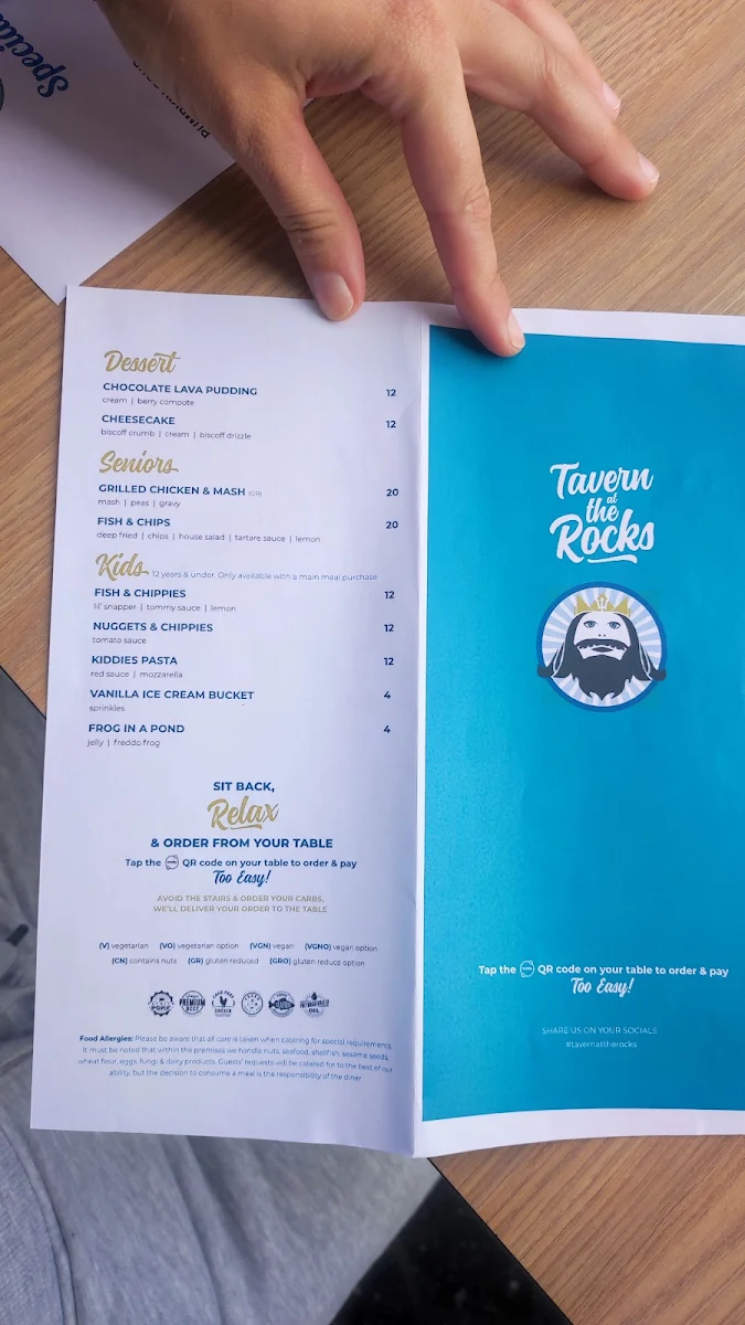 Menu, Tavern At The Rocks