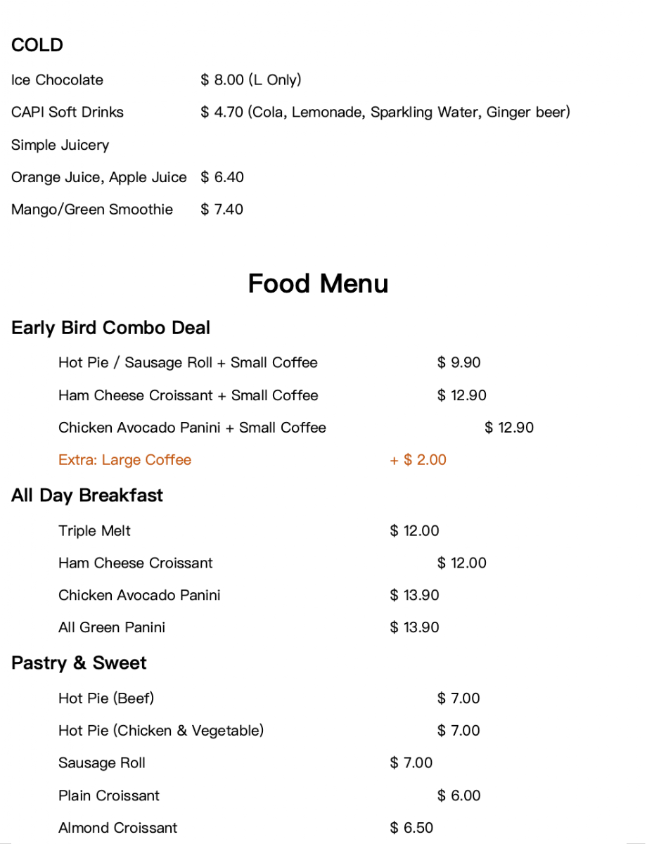 Menu, Cornerfolk Cafe