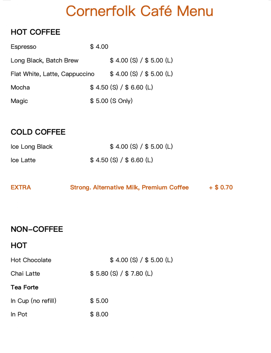 Menu, Cornerfolk Cafe