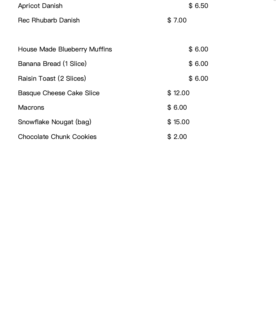 Menu, Cornerfolk Cafe