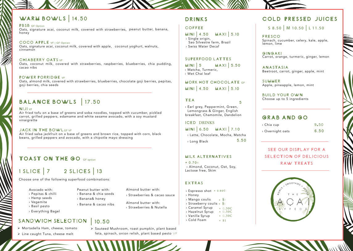 Menu, The Acai Affect