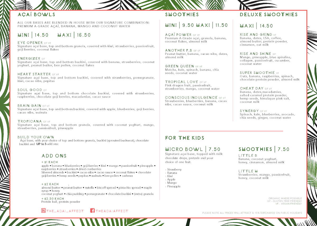 Menu, The Acai Affect