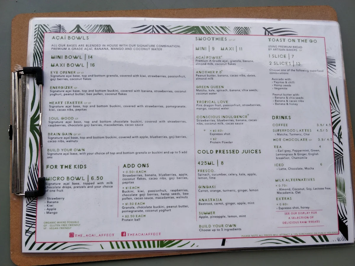 Menu, The Acai Affect