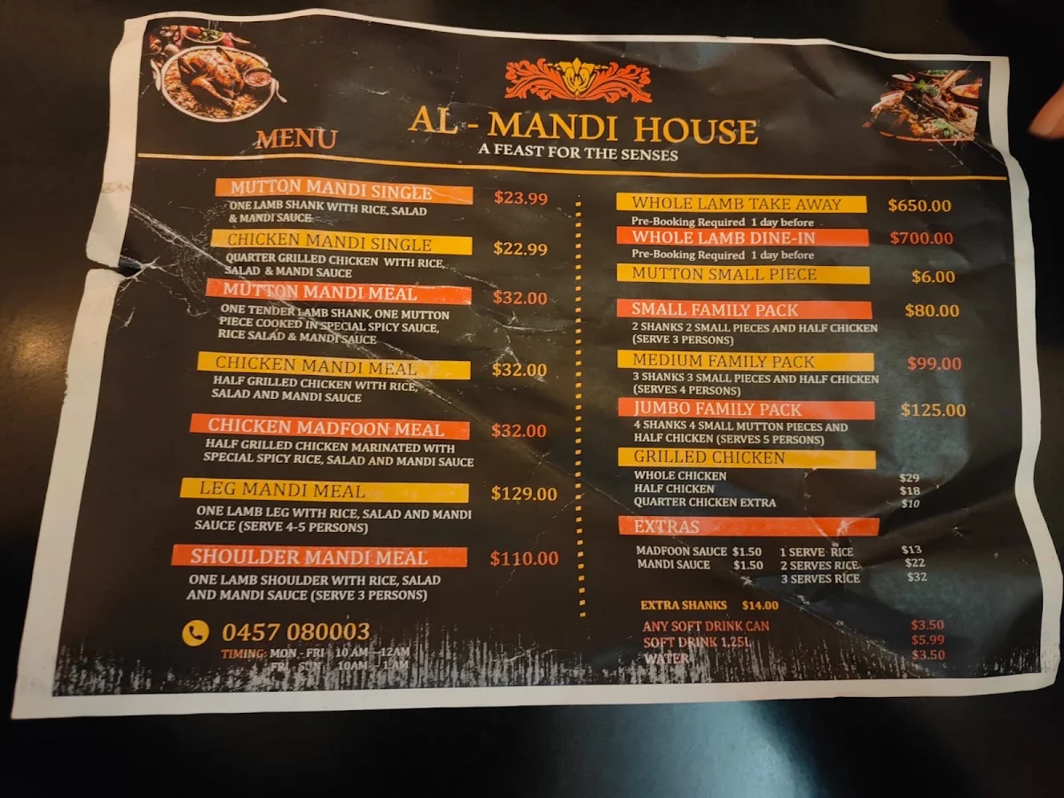 Menu, Mandi House Wallsend