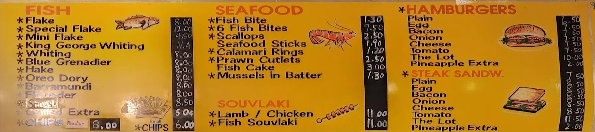 Menu, Shark's Tail Fish and Chippery
