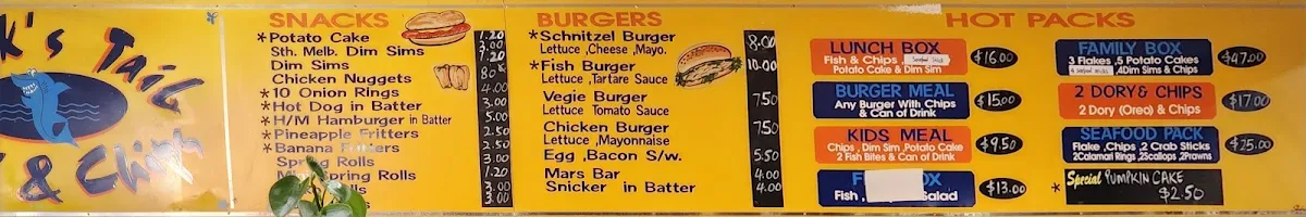 Menu, Shark's Tail Fish and Chippery