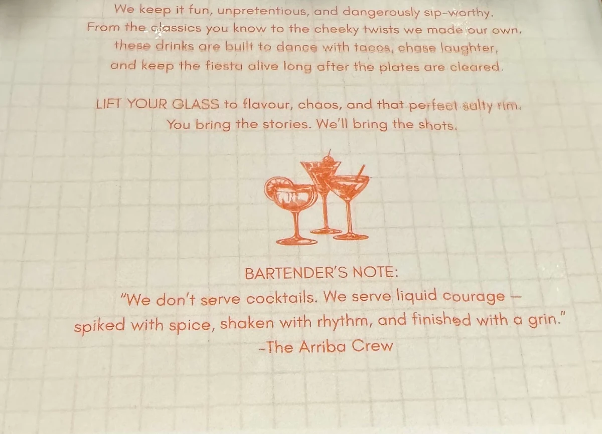 Menu, Taqueria Arriba