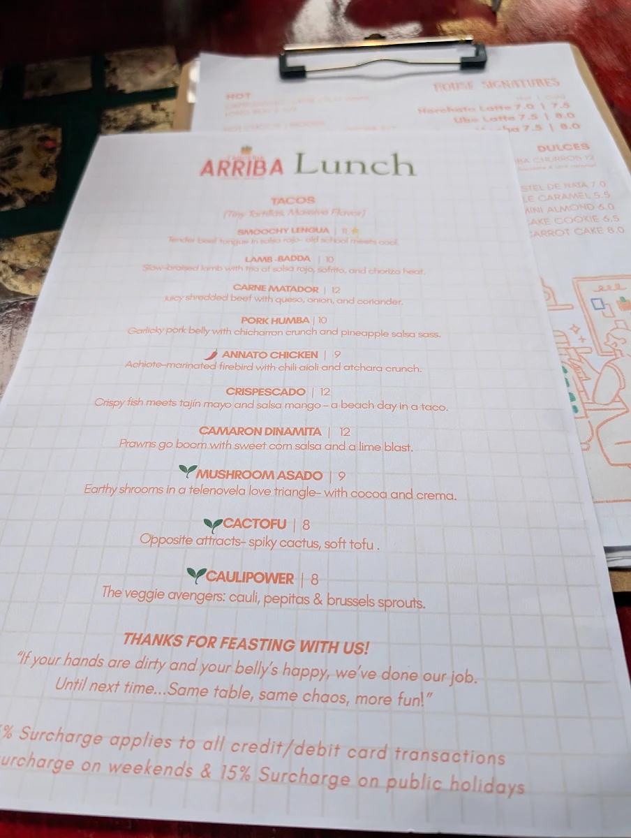 Menu, Taqueria Arriba
